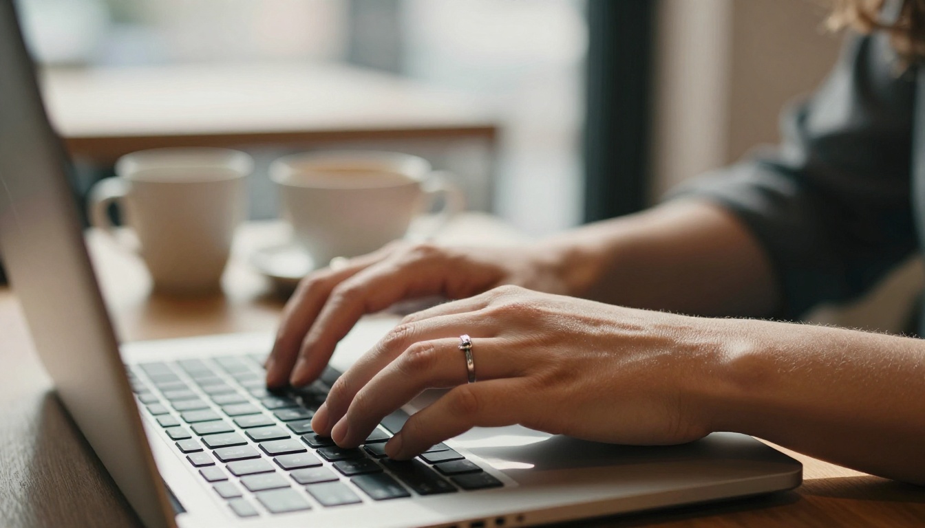 Creator typing a pitch email to a brand on a laptop in a bright cafe