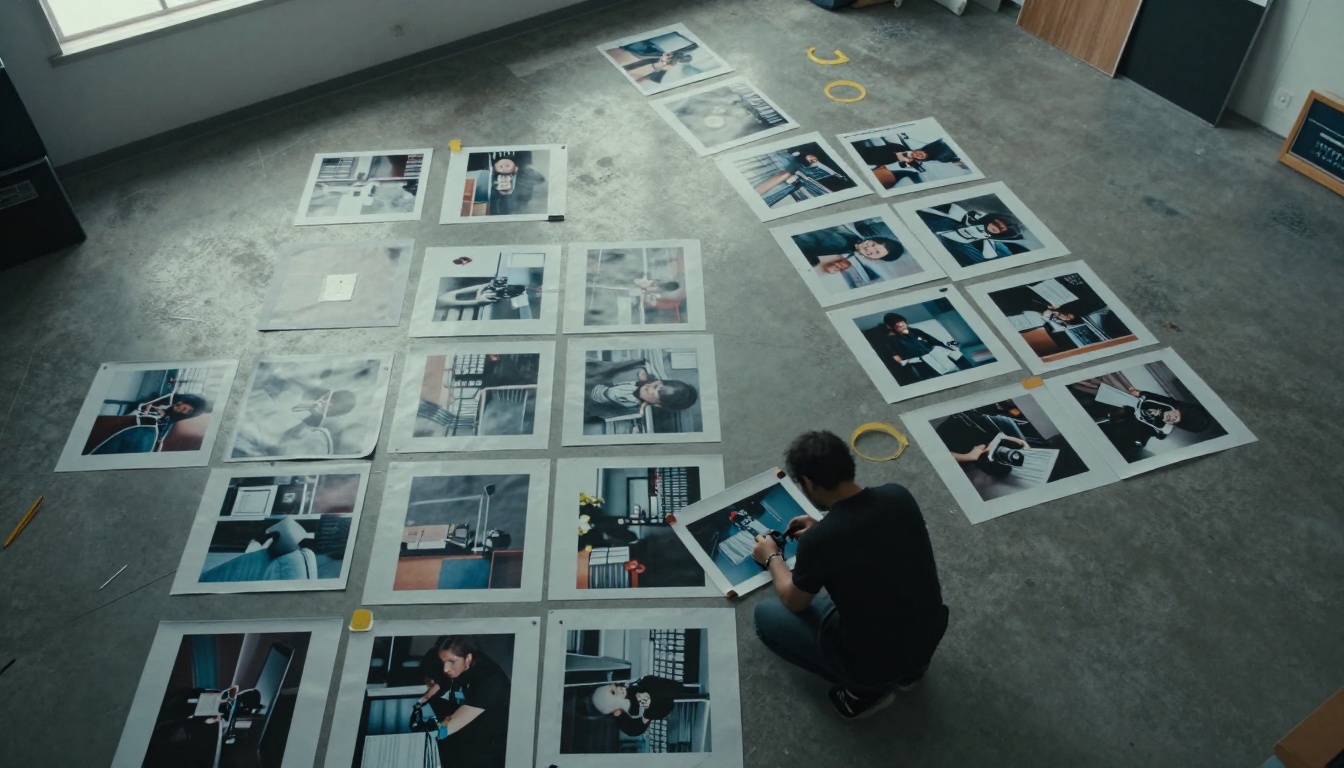 Aerial view of printed photographs arranged in rows on a studio floor for sequencing Aerial view of printed photographs arranged in rows on a studio floor for sequencing