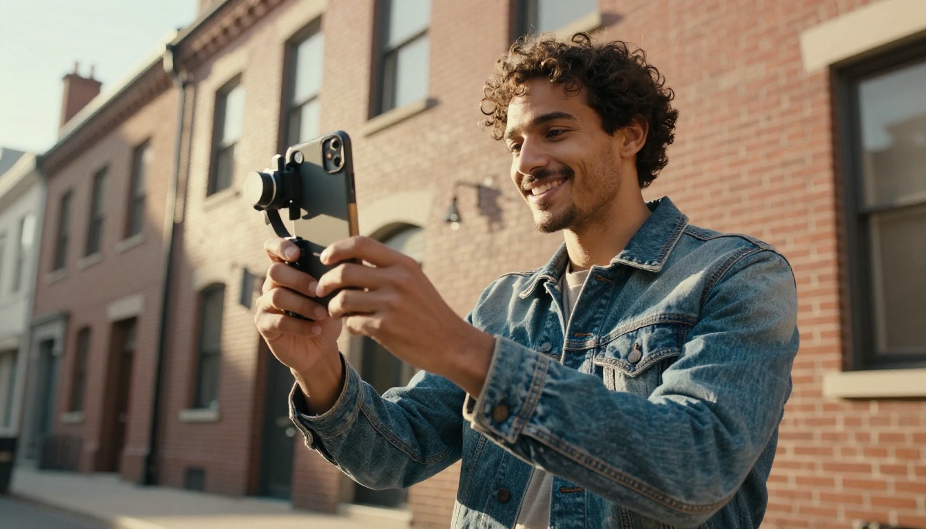 Creator filming himself with a smartphone on a gimbal in a sunny city street