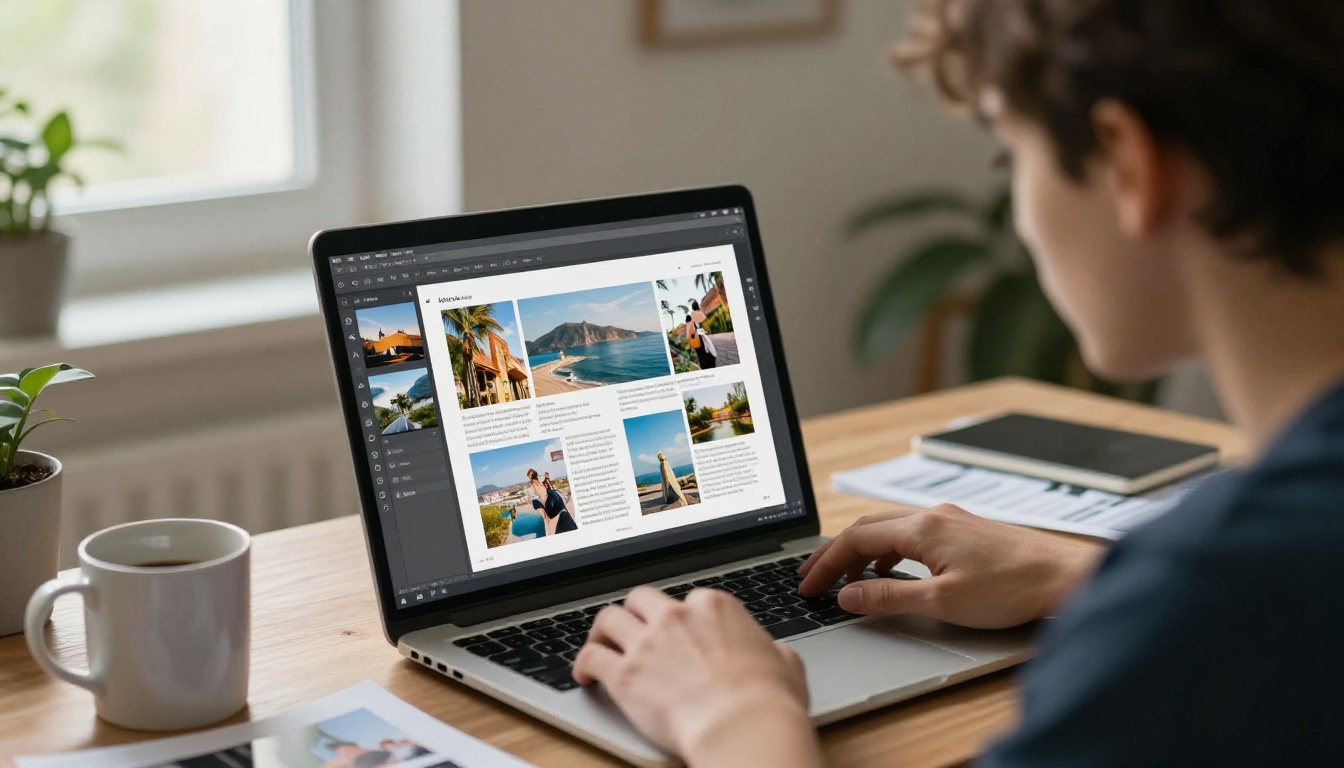 Photographer at a desk reviewing a page-turning digital magazine layout on a laptop Photographer at a desk reviewing a page-turning digital magazine layout on a laptop