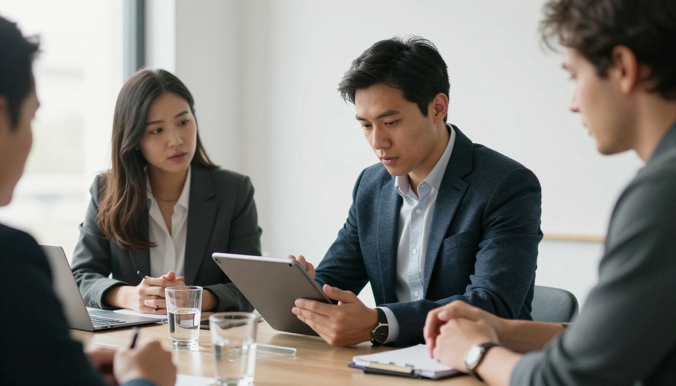 Brand manager and creator discussing pricing across a glass table in a bright office