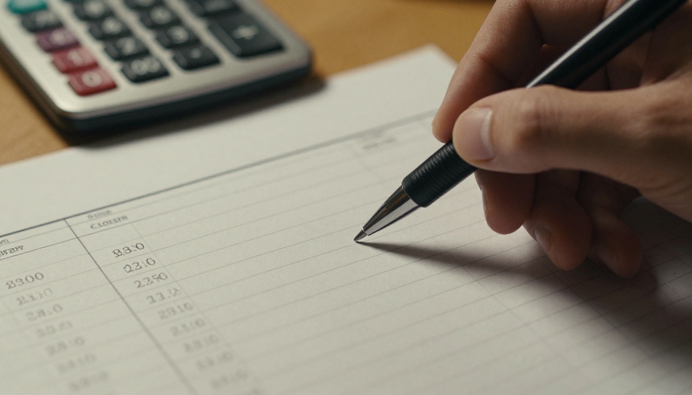 Hand with a pen over a printed price list next to a calculator