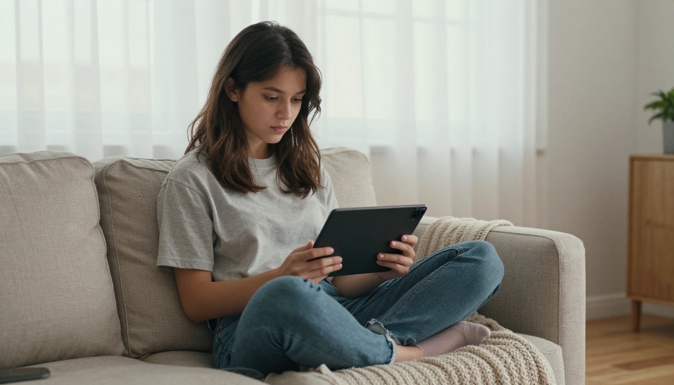 Creator reviewing audience statistics on a tablet in a loft living room