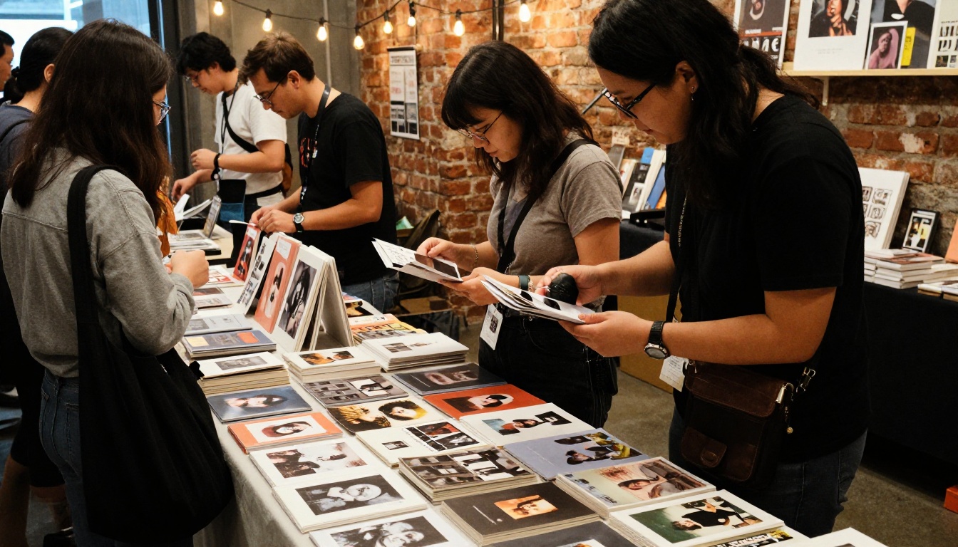 Wide view of an indie art book fair with visitors browsing zines and photo books under string lights Wide view of an indie art book fair with visitors browsing zines and photo books under string lights