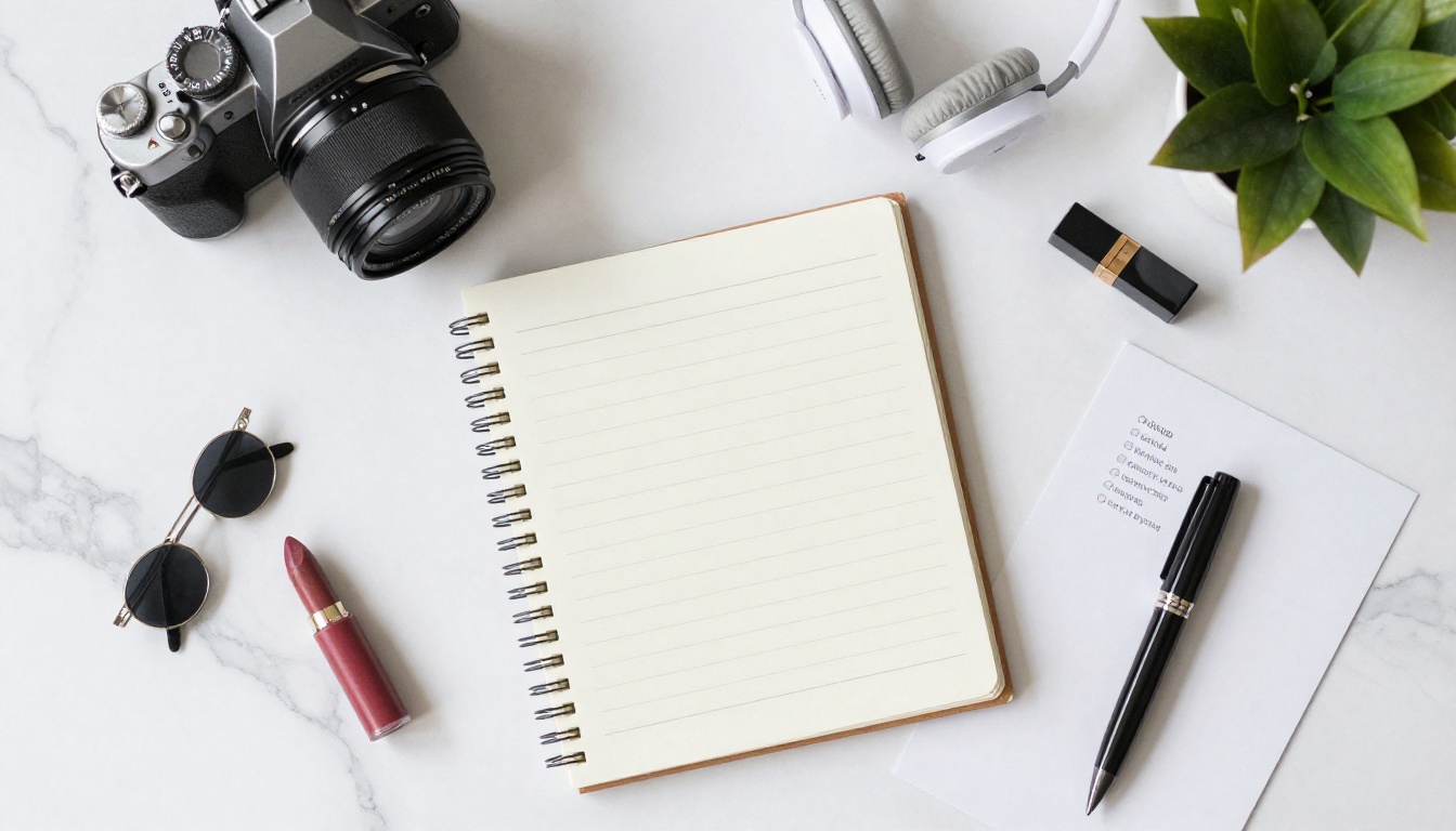 Flat lay of a creator's camera, notebook, headphones and printed portfolio page