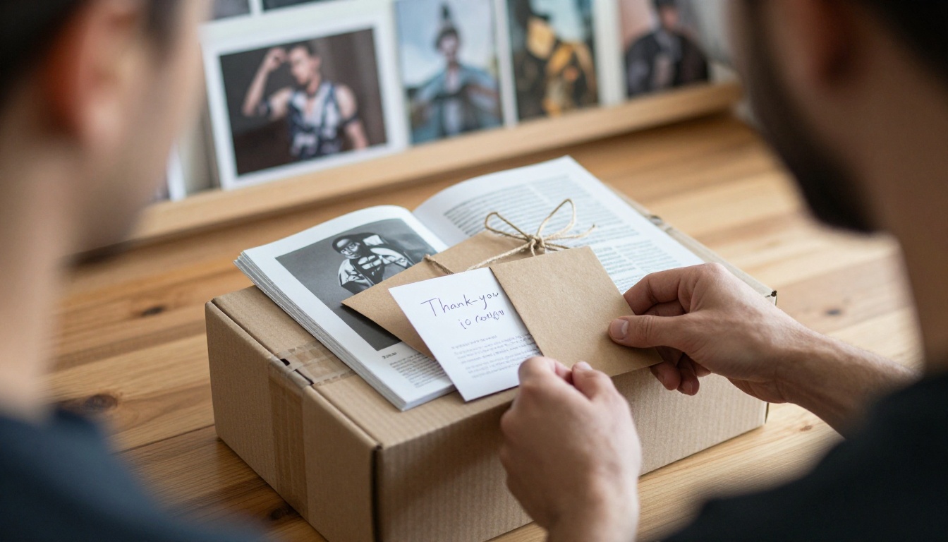 Photographer packing a small cardboard shipping box with a signed zine and thank-you card Photographer packing a small cardboard shipping box with a signed zine and thank-you card