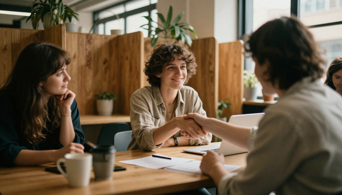Creator and brand representative shaking hands after closing a deal