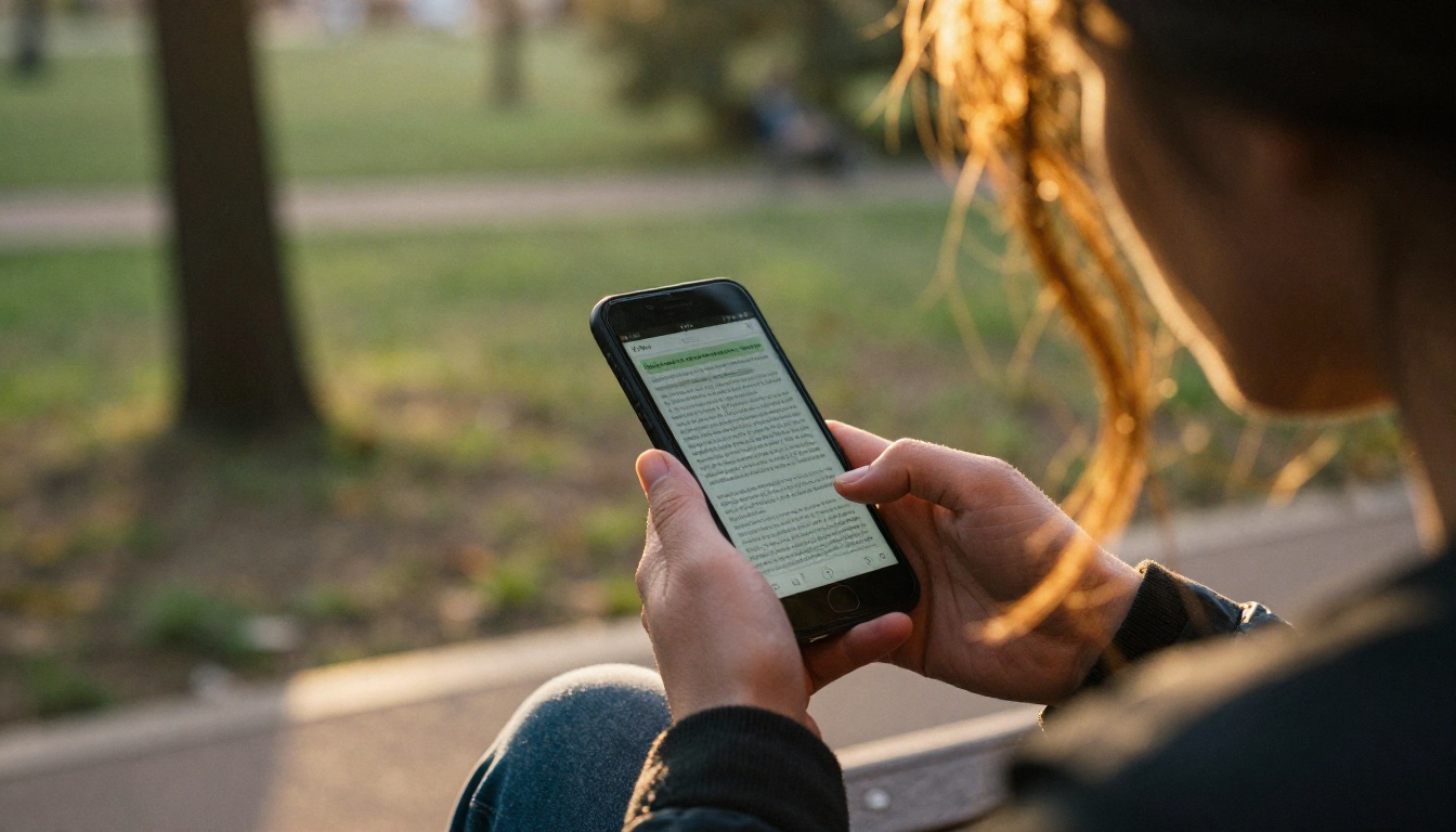 Person viewing a page turning digital document on a phone in a park at golden hour