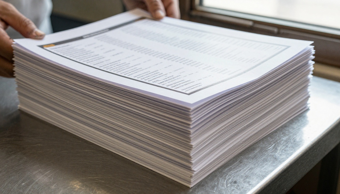 Stack of freshly printed paper menus