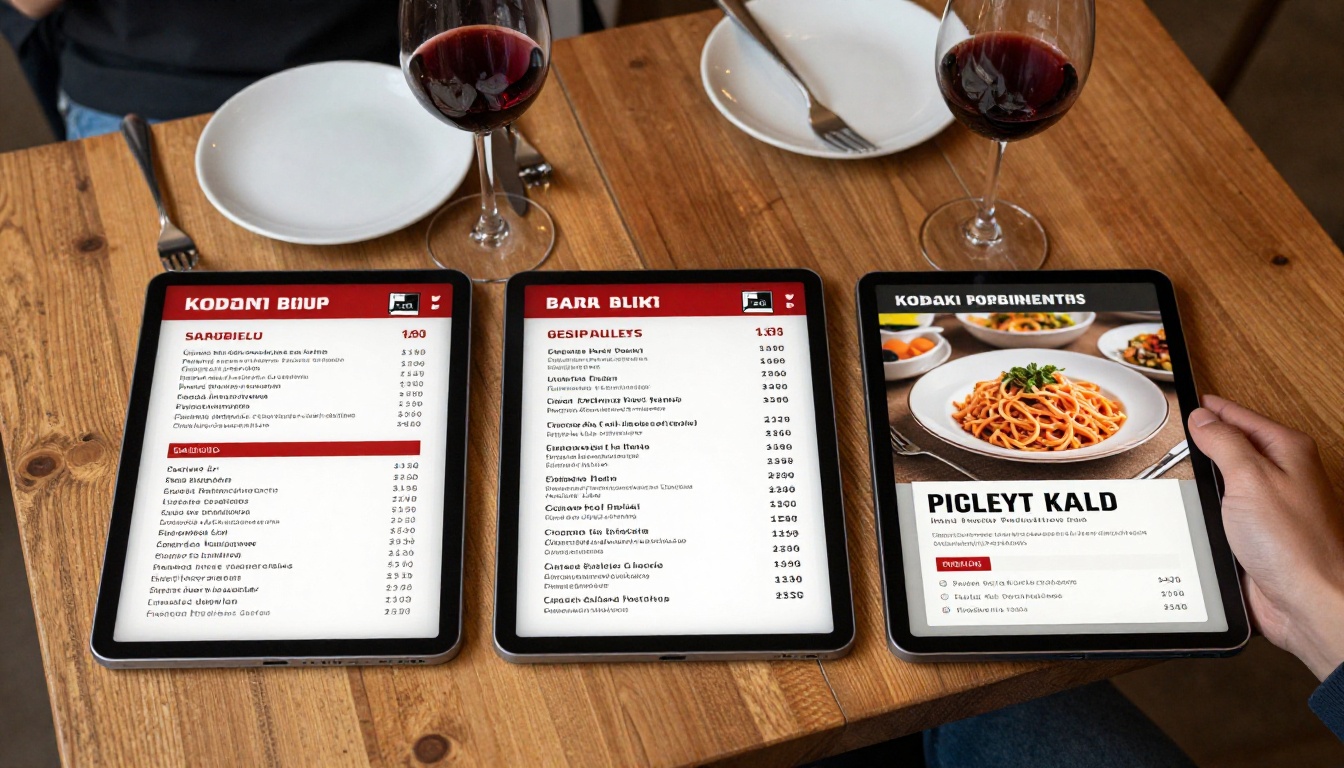 Overhead view of menus in different languages on a table