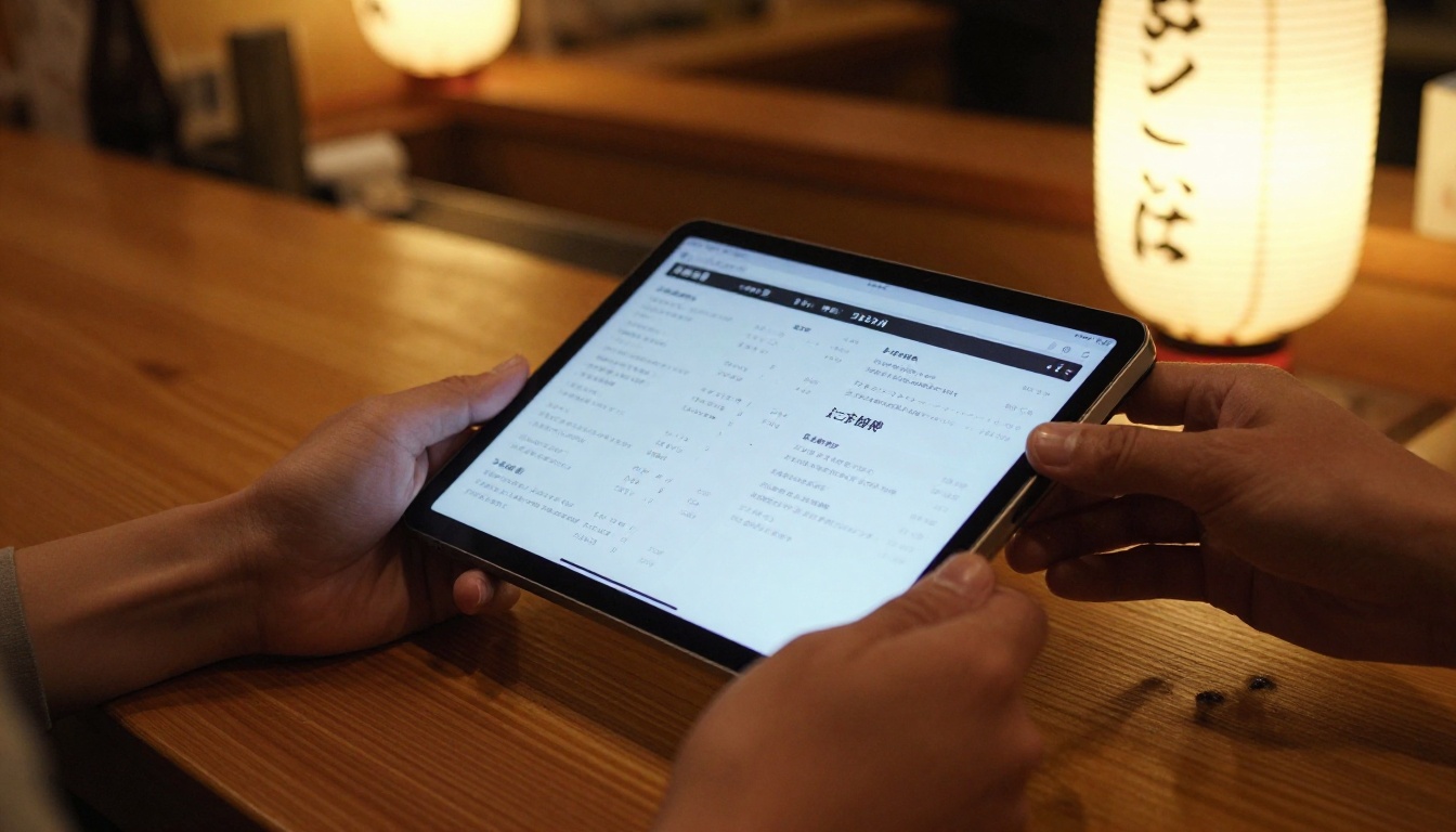 Server presenting a digital flipbook menu on a tablet