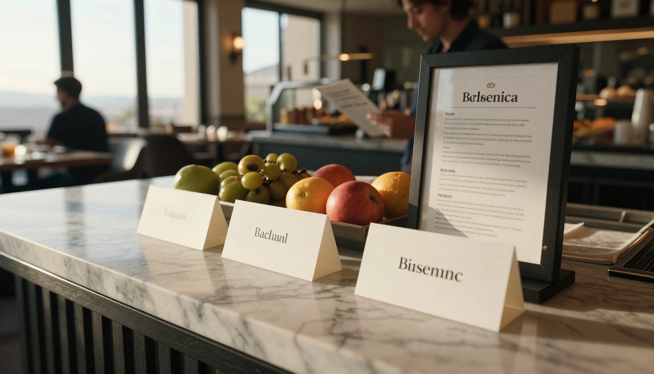 Hotel breakfast buffet with bilingual table cards