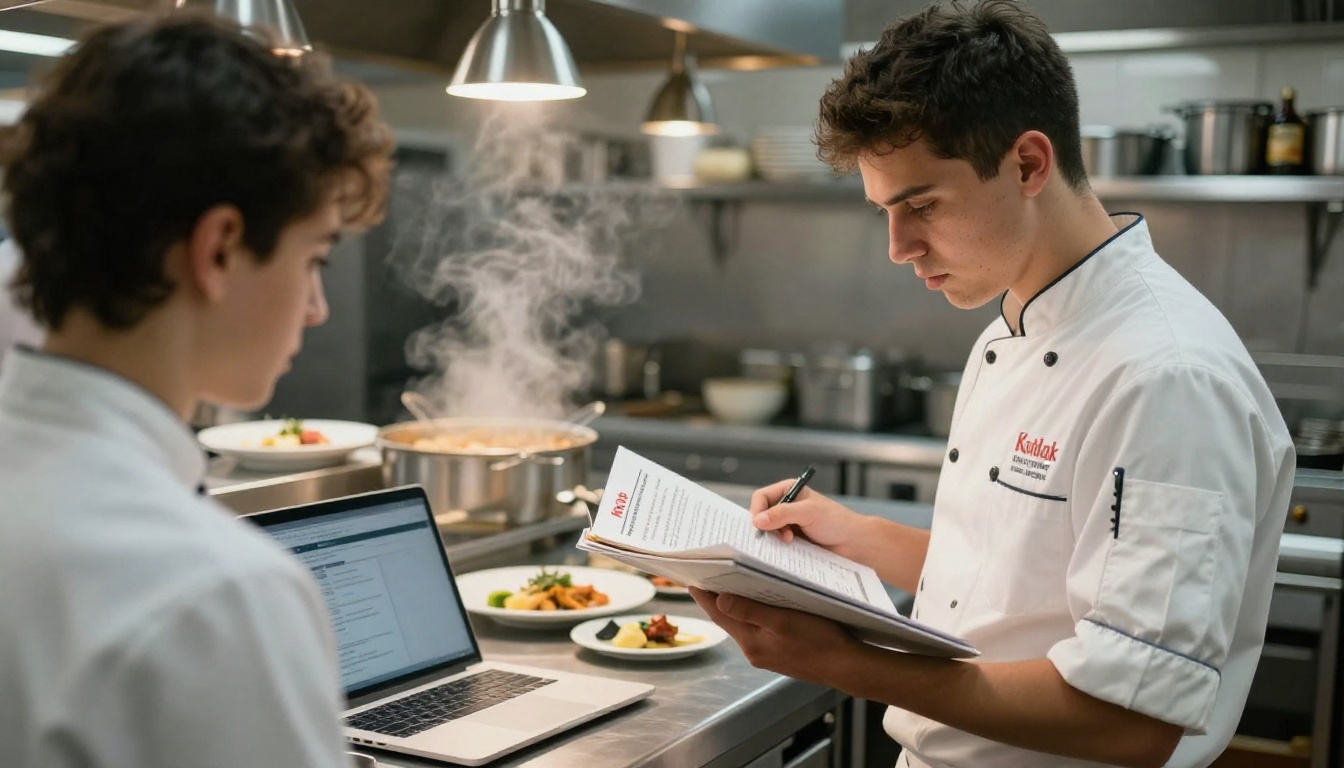 Chef reviewing a menu translation on a laptop