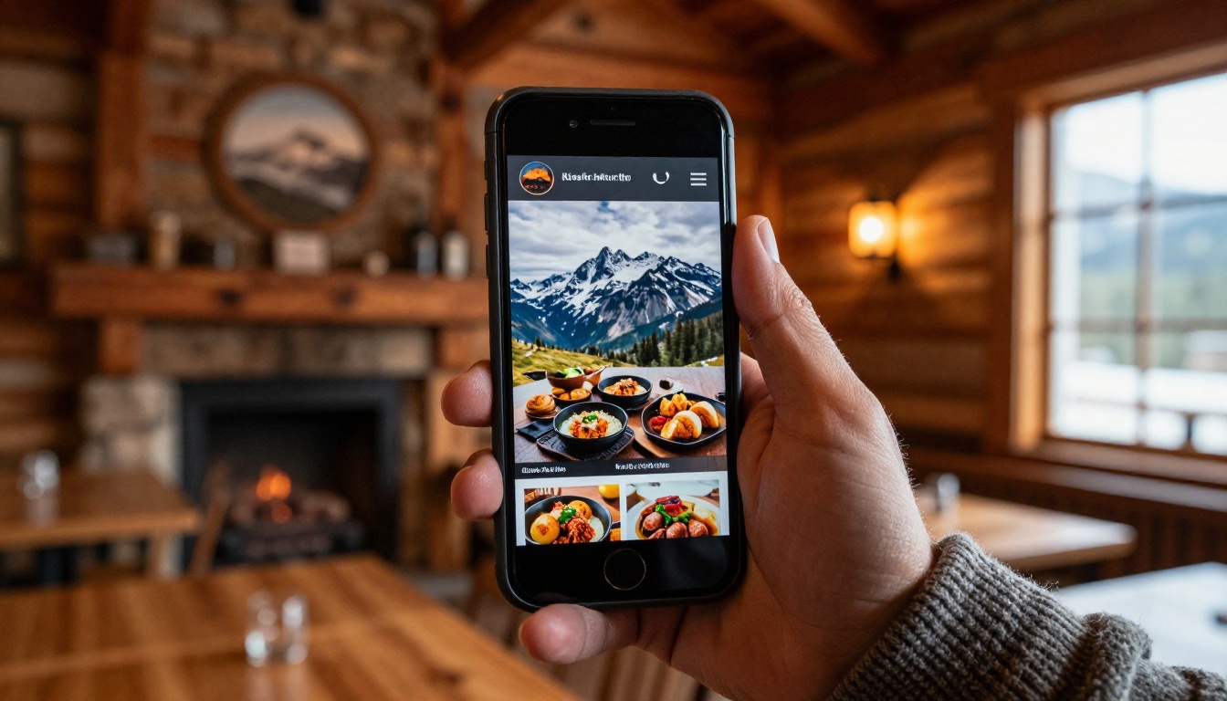 Hiker reading a menu on a smartphone in a lodge