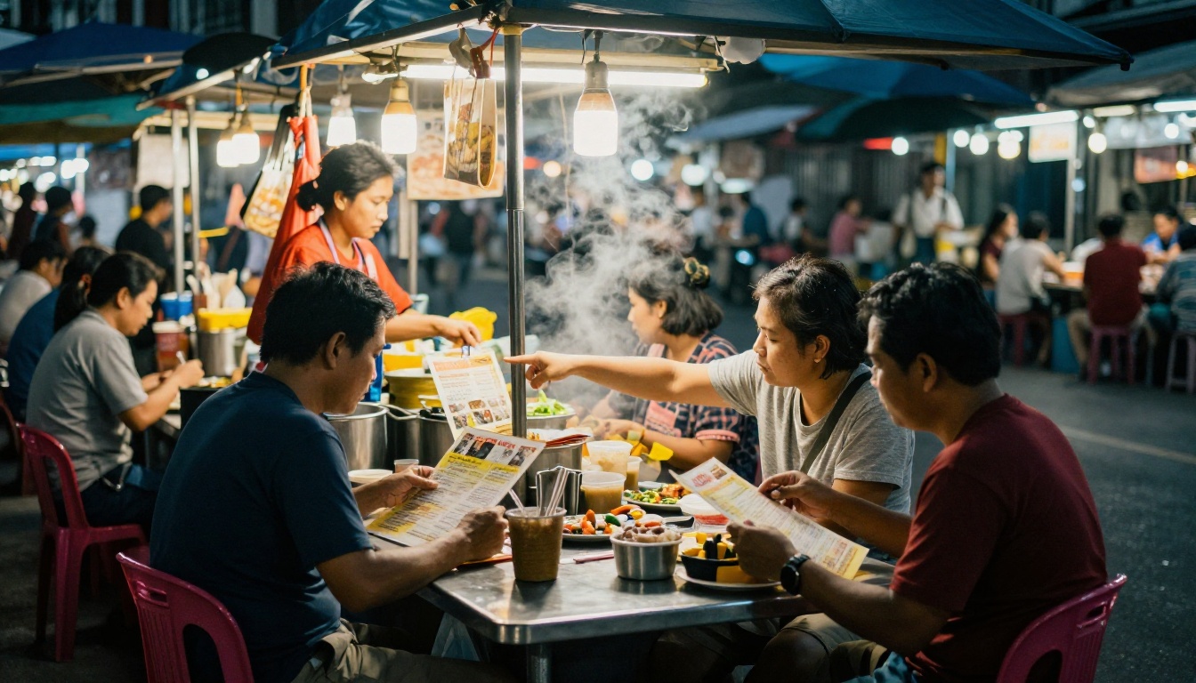 Busy street food market with laminated menus