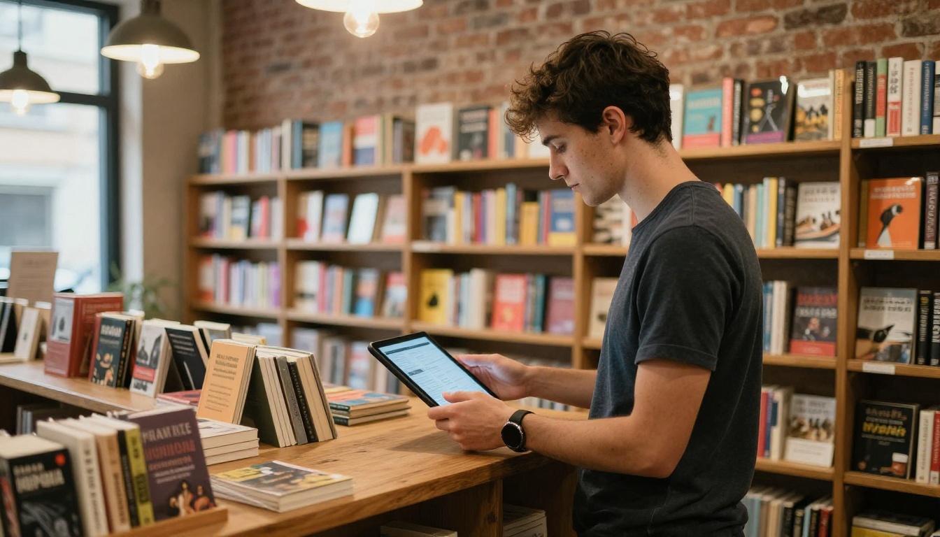 Bookshop owner holding a tablet with a digital catalog Bookshop owner holding a tablet with a digital catalog