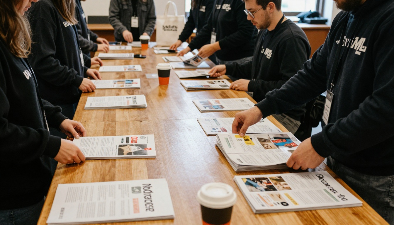 Volunteers folding and stacking printed charity magazines around a long table