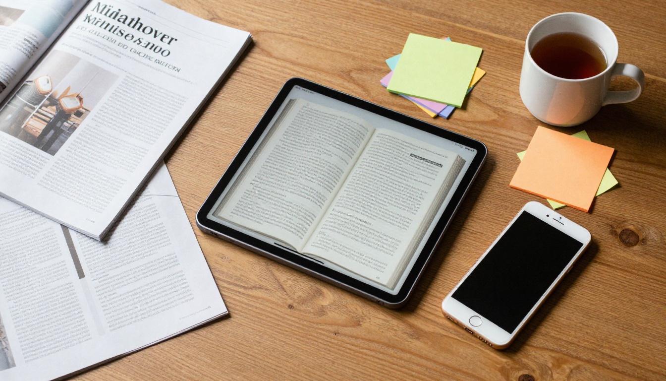 Aerial view of a table with a magazine, tablet showing a flipbook and sticky notes Aerial view of a table with a magazine, tablet showing a flipbook and sticky notes