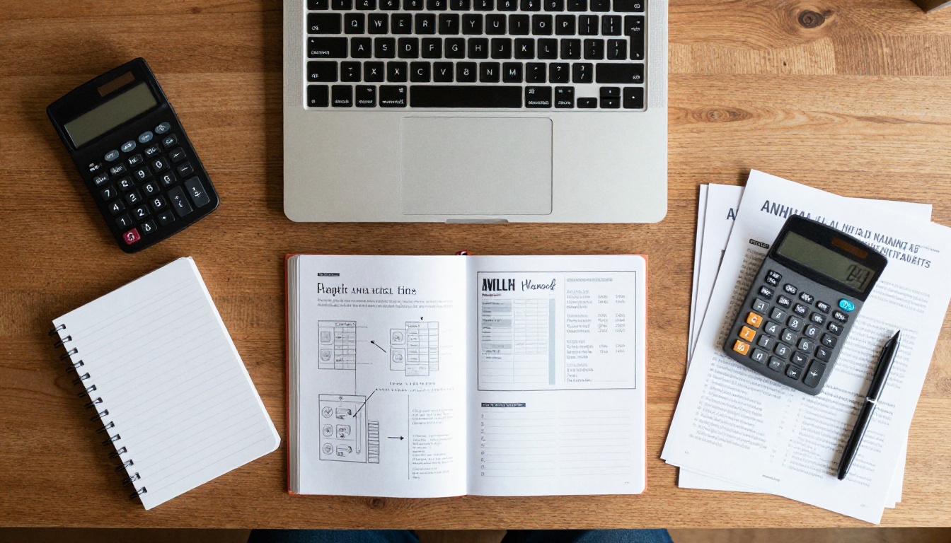 Aerial view of a desk with a laptop, calculator, notepad and a printed annual report