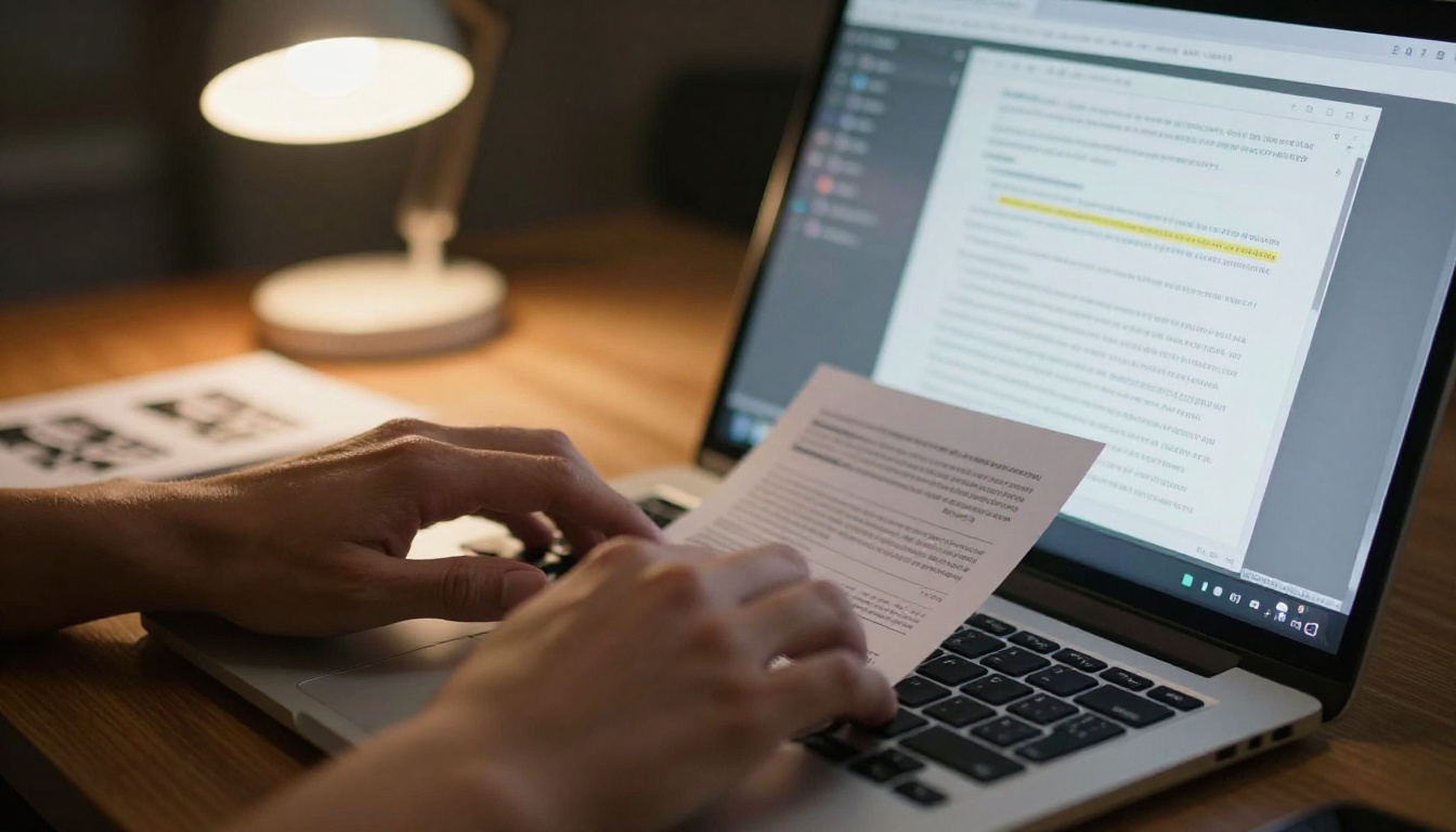 Designer uploading a PDF on a laptop beside a printed brochure Designer uploading a PDF on a laptop beside a printed brochure
