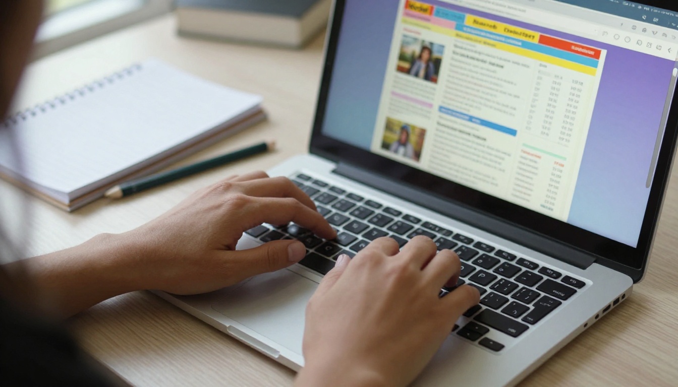 Teacher typing a newsletter on a laptop