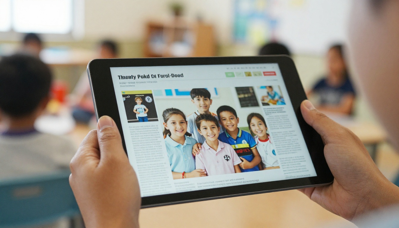 Tablet showing a charity magazine spread with smiling children