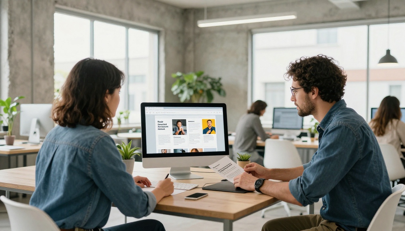 Coworkers reviewing a branded digital brochure on a monitor Coworkers reviewing a branded digital brochure on a monitor