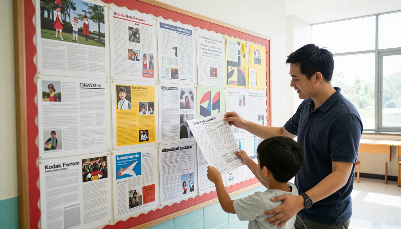 School hallway bulletin board with printed newsletters