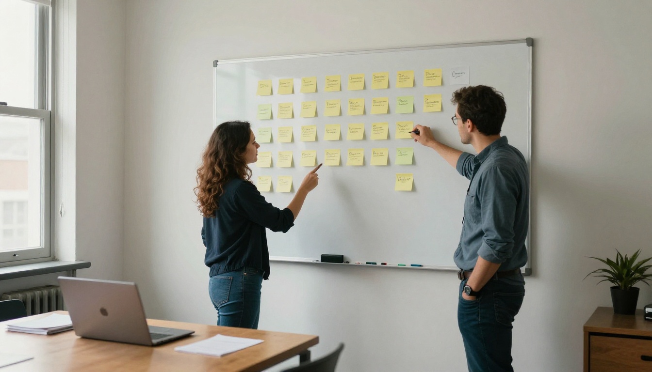 Two nonprofit staff members comparing options at a whiteboard with sticky notes