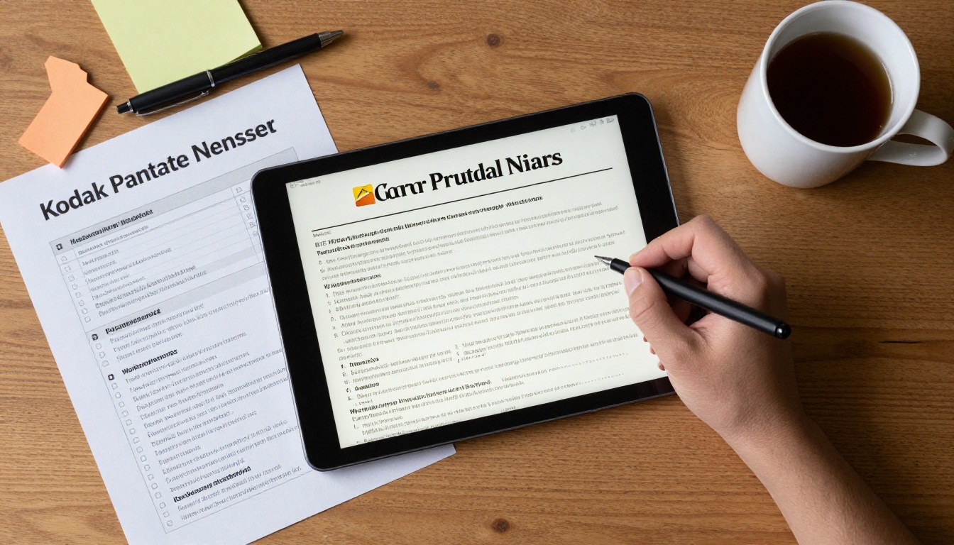 Overhead view of a tablet showing a digital newsletter with a comparison checklist