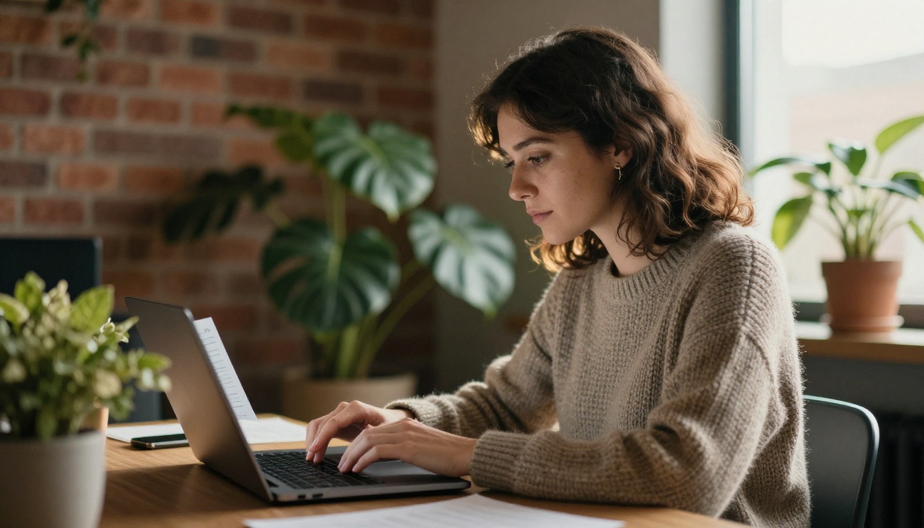 Woman uploading a PDF on a laptop in a coworking space
