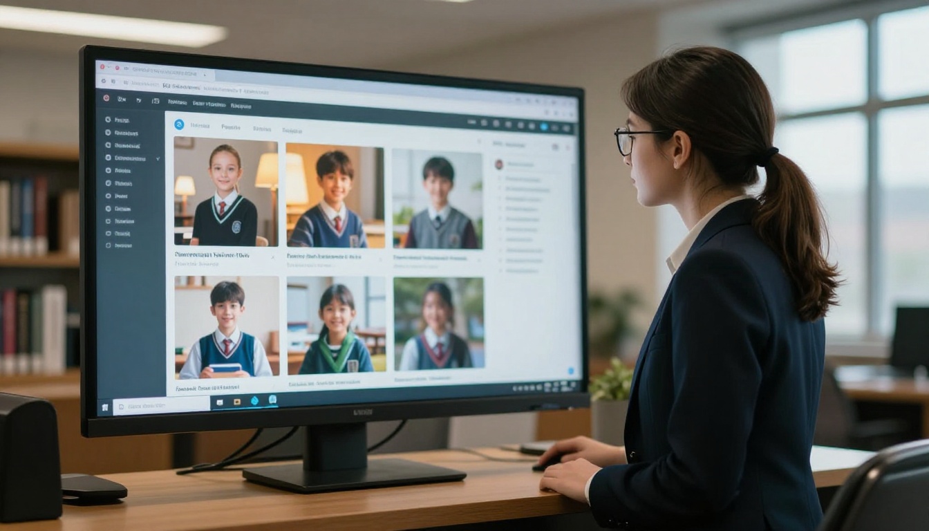 Principal reviewing a digital newsletter on a large monitor