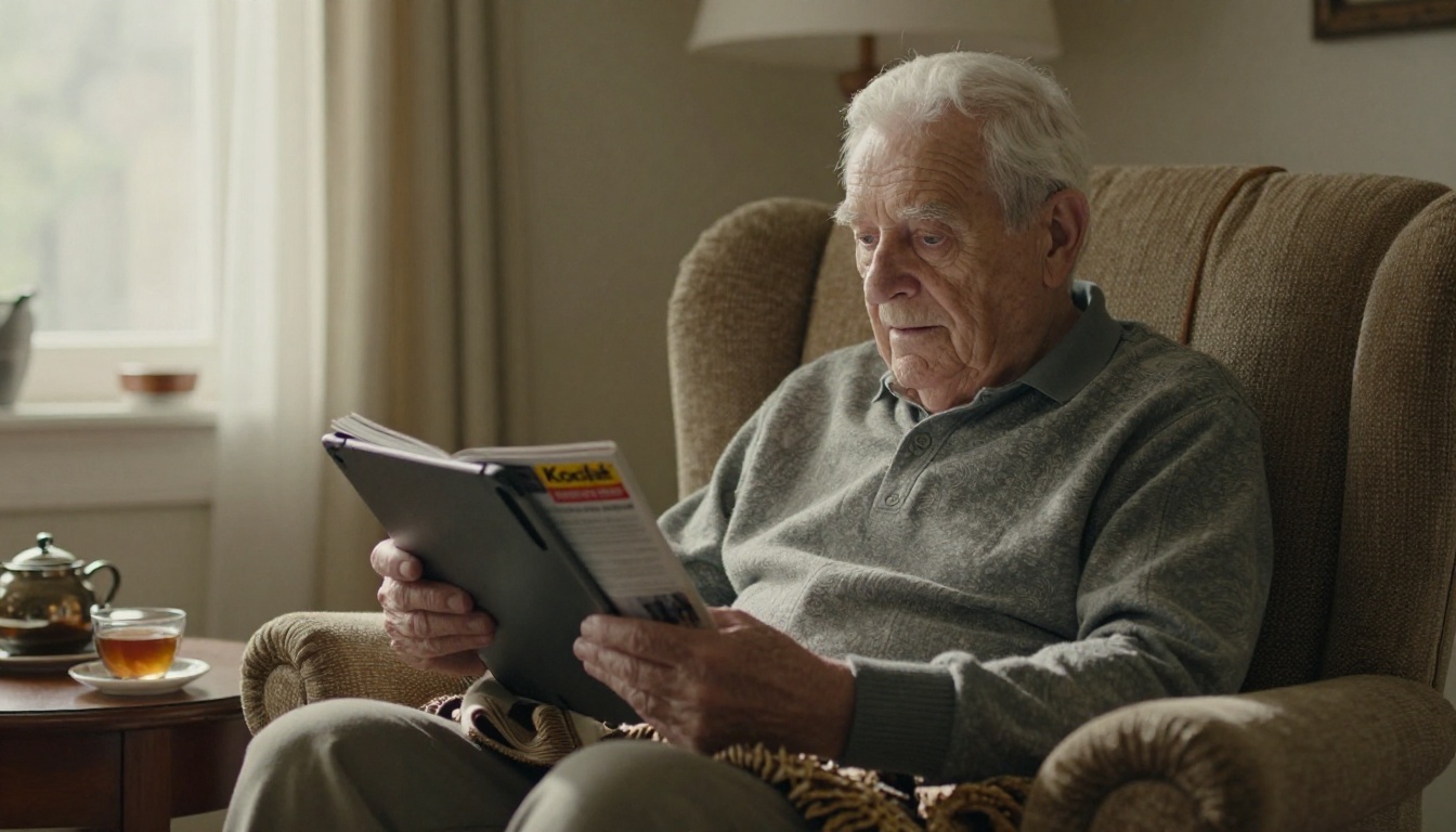 Elderly donor reading a charity magazine on a tablet in a sunny armchair