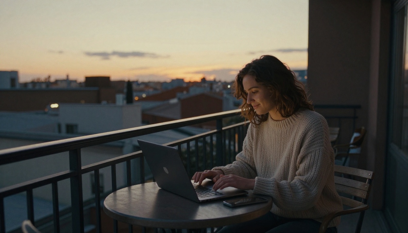 Business owner closing a laptop on a balcony at dusk after publishing Business owner closing a laptop on a balcony at dusk after publishing