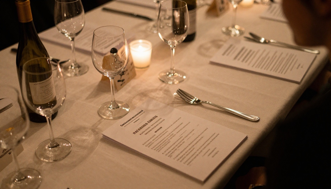High angle view of a charity gala table with printed program booklets