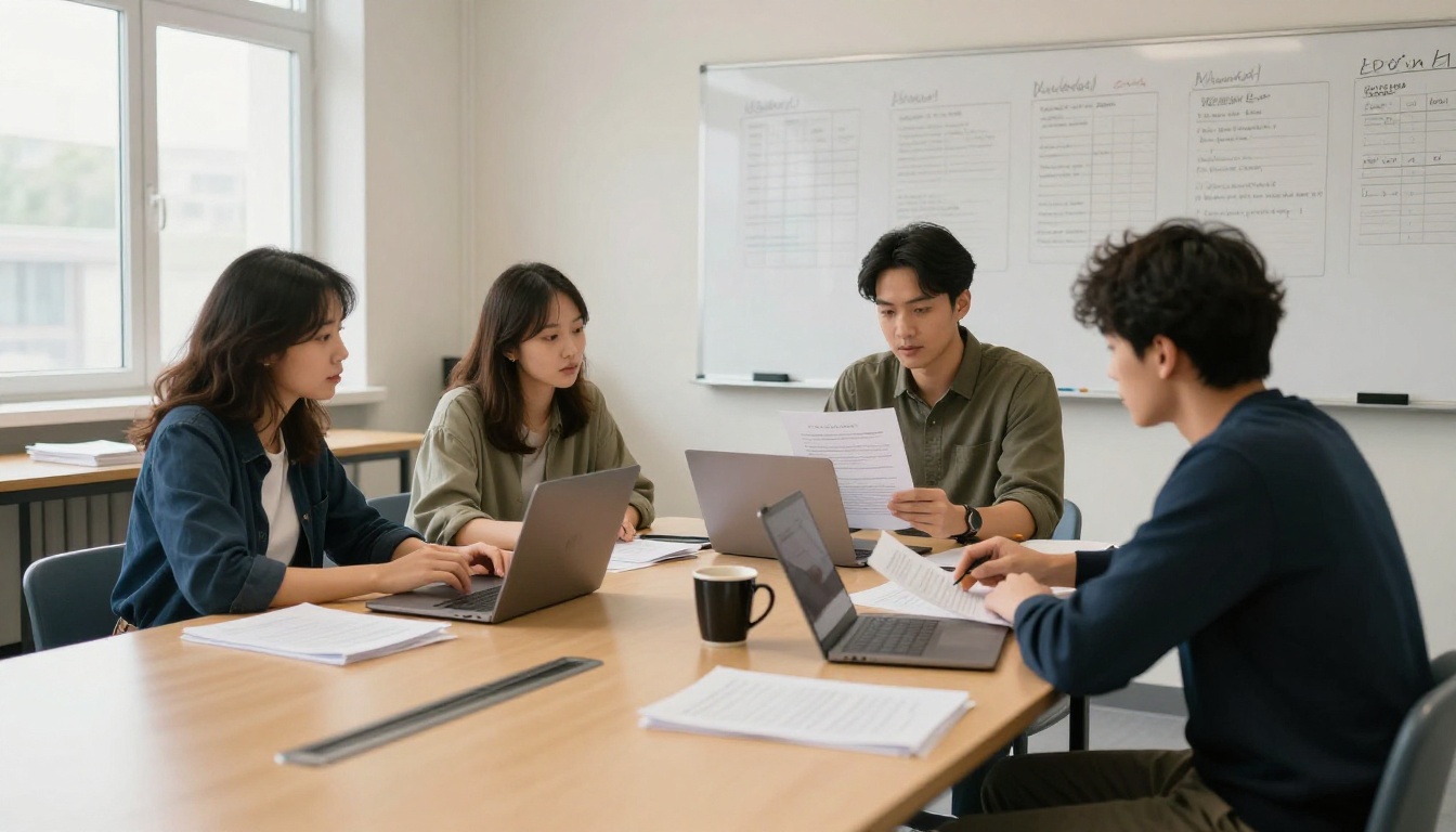 Three teachers collaborating on a newsletter in a staff room