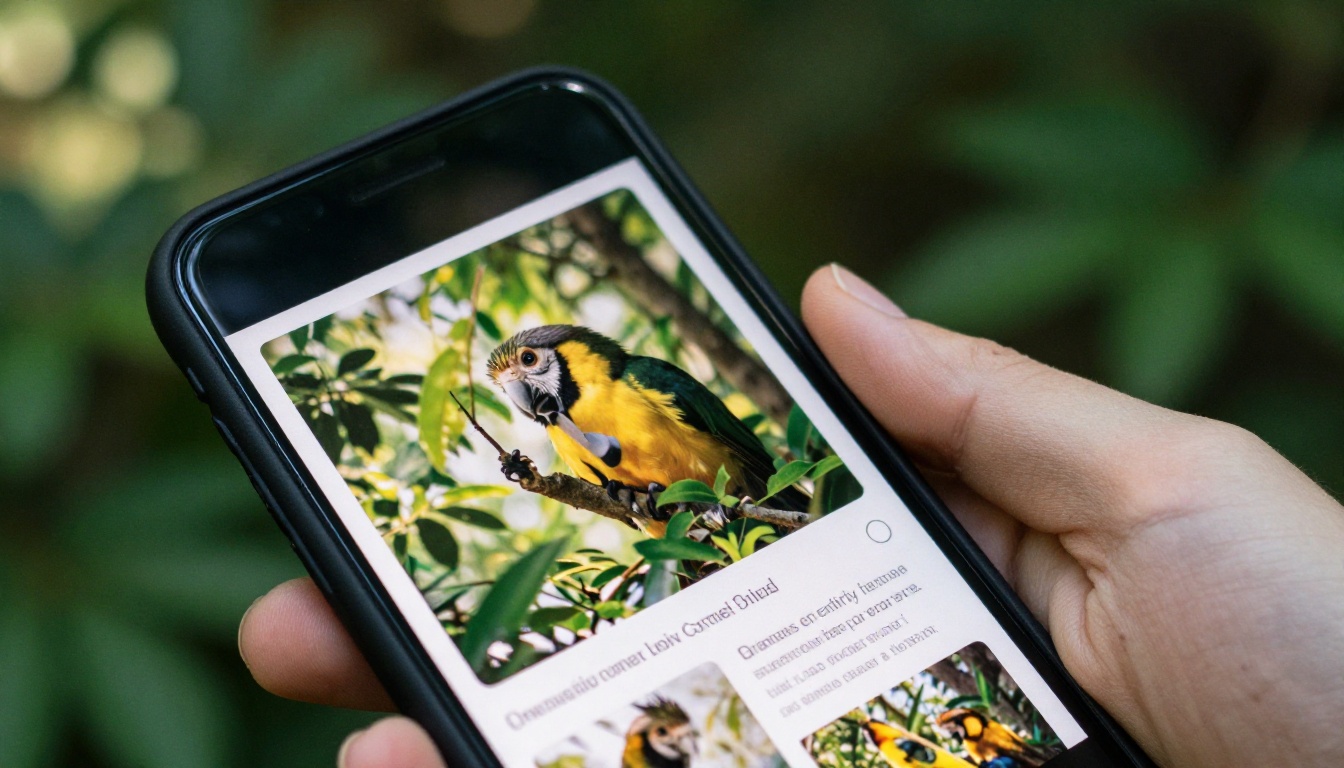 Hand holding a smartphone showing a wildlife conservation magazine page outdoors