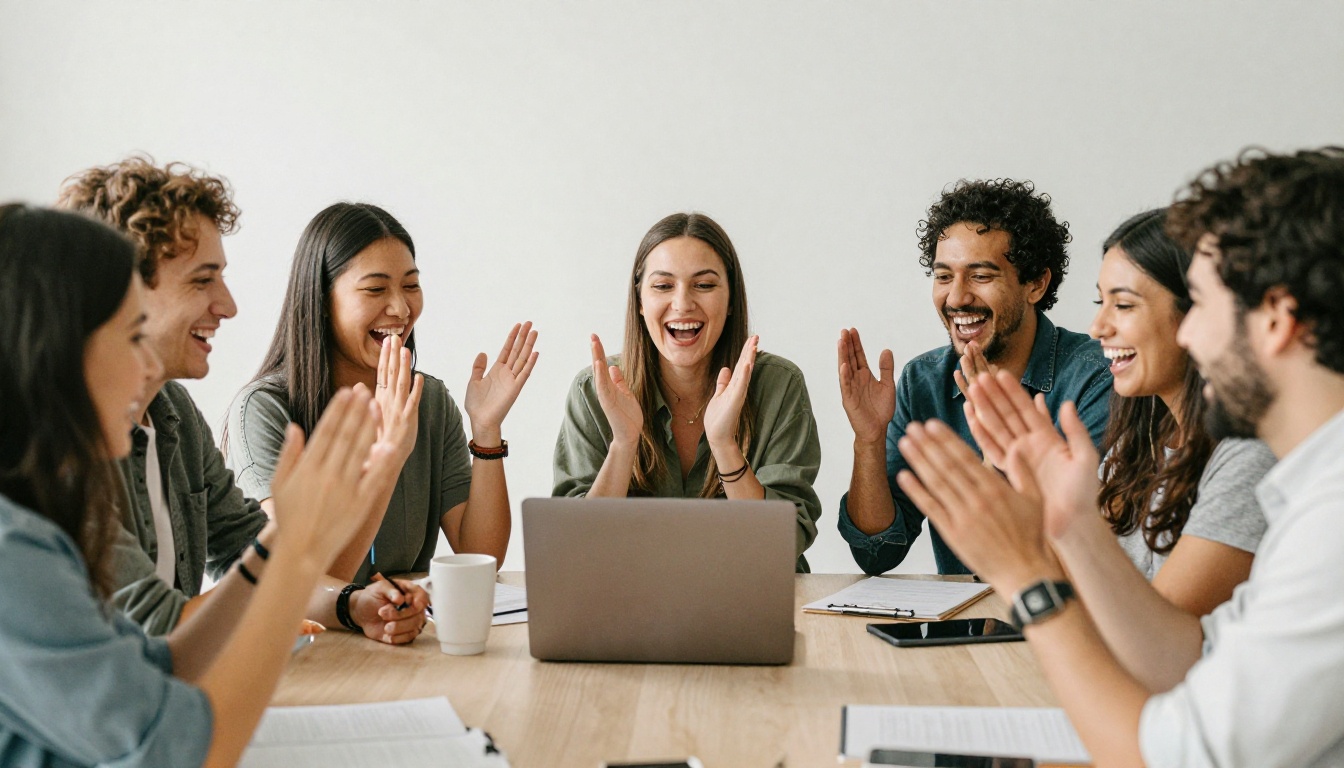Nonprofit team celebrating around a laptop in a bright office