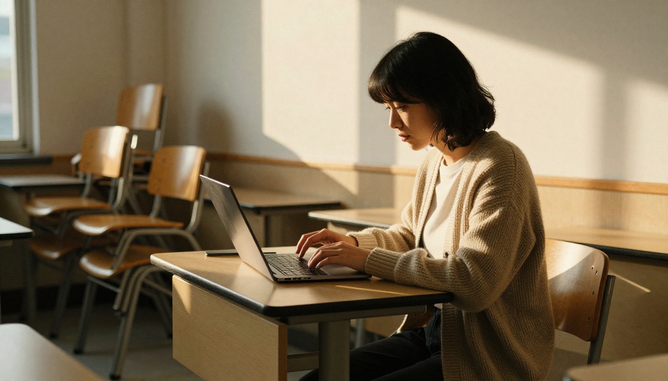 Teacher working on a laptop in a quiet classroom after hours