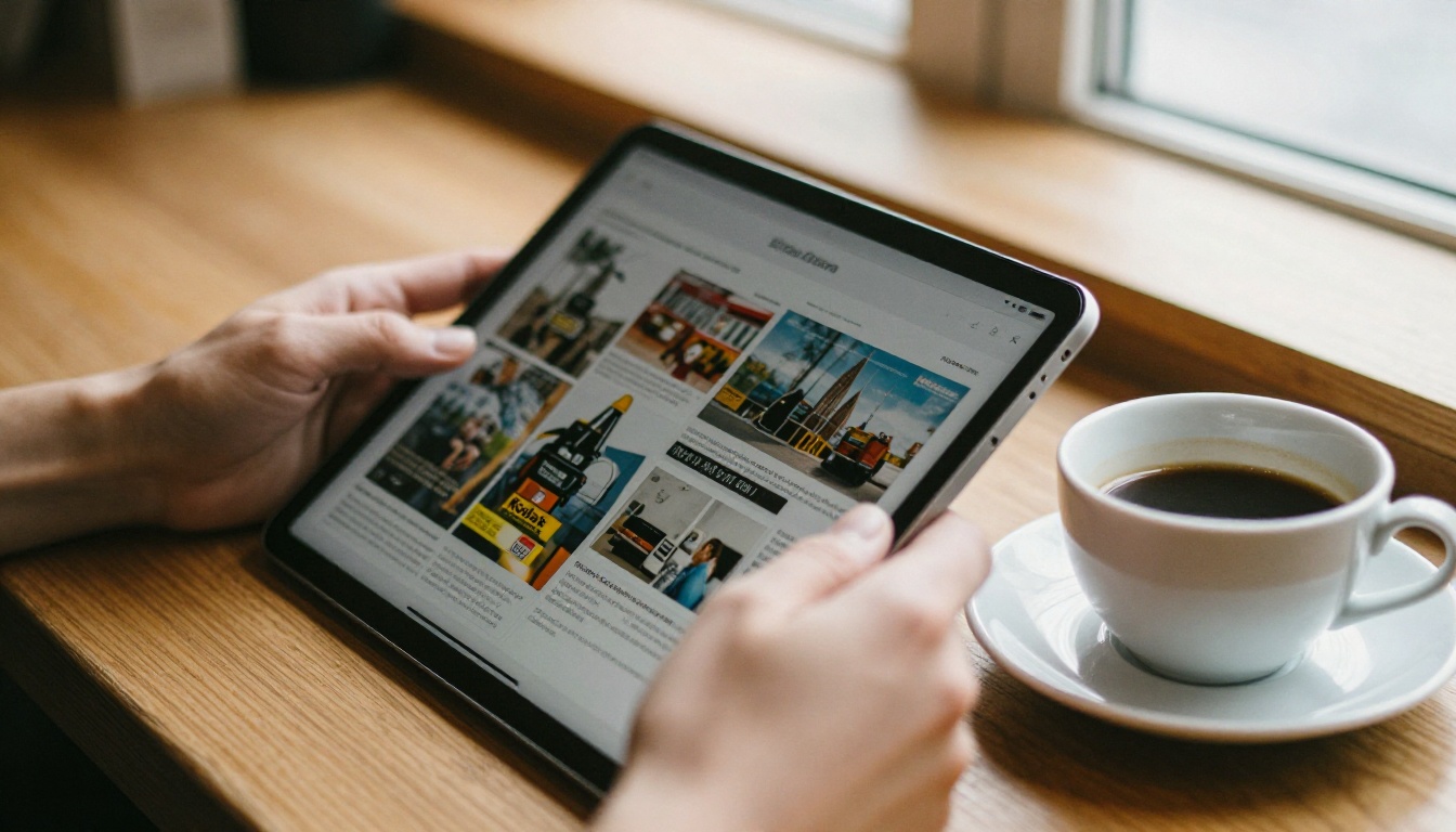Hands holding a tablet showing a magazine layout in a sunny cafe Hands holding a tablet showing a magazine layout in a sunny cafe