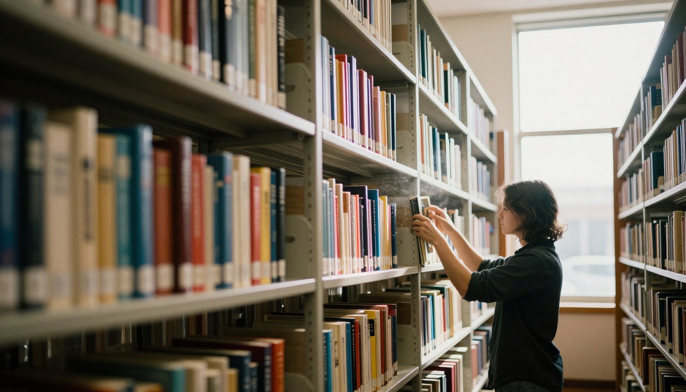 A wall of library shelves in warm daylight A wall of library shelves in warm daylight
