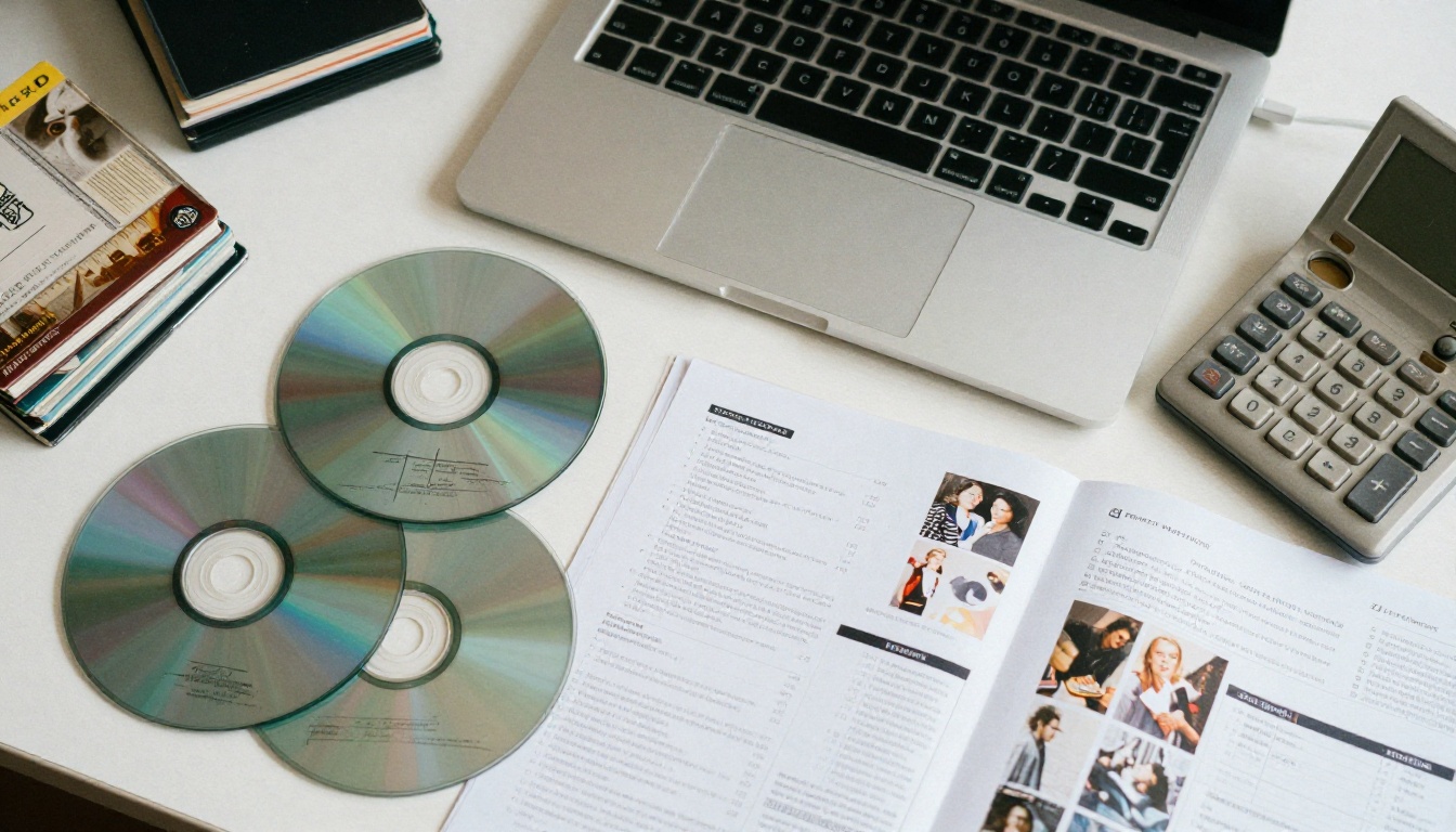 Aerial view of an old keyboard, CDs and printed brochures next to a modern laptop Aerial view of an old keyboard, CDs and printed brochures next to a modern laptop