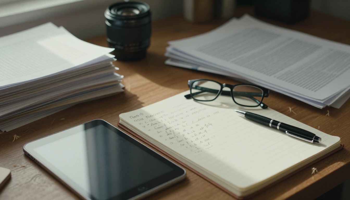 Overhead view of a desk with a tablet and printed pages Overhead view of a desk with a tablet and printed pages