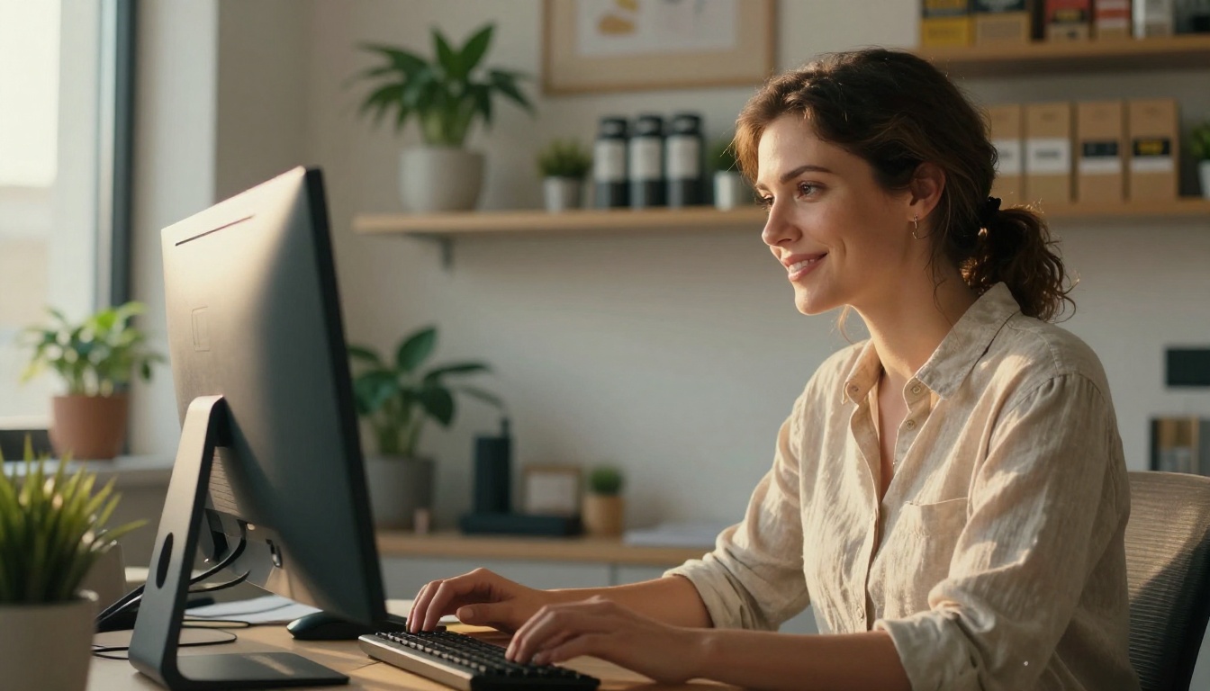 A smiling business owner looking at her desktop monitor in a bright office A smiling business owner looking at her desktop monitor in a bright office