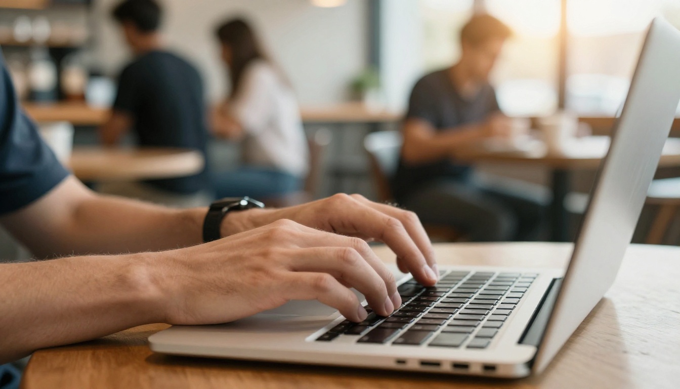 A coffee shop reader scrolling a PDF on a laptop A coffee shop reader scrolling a PDF on a laptop