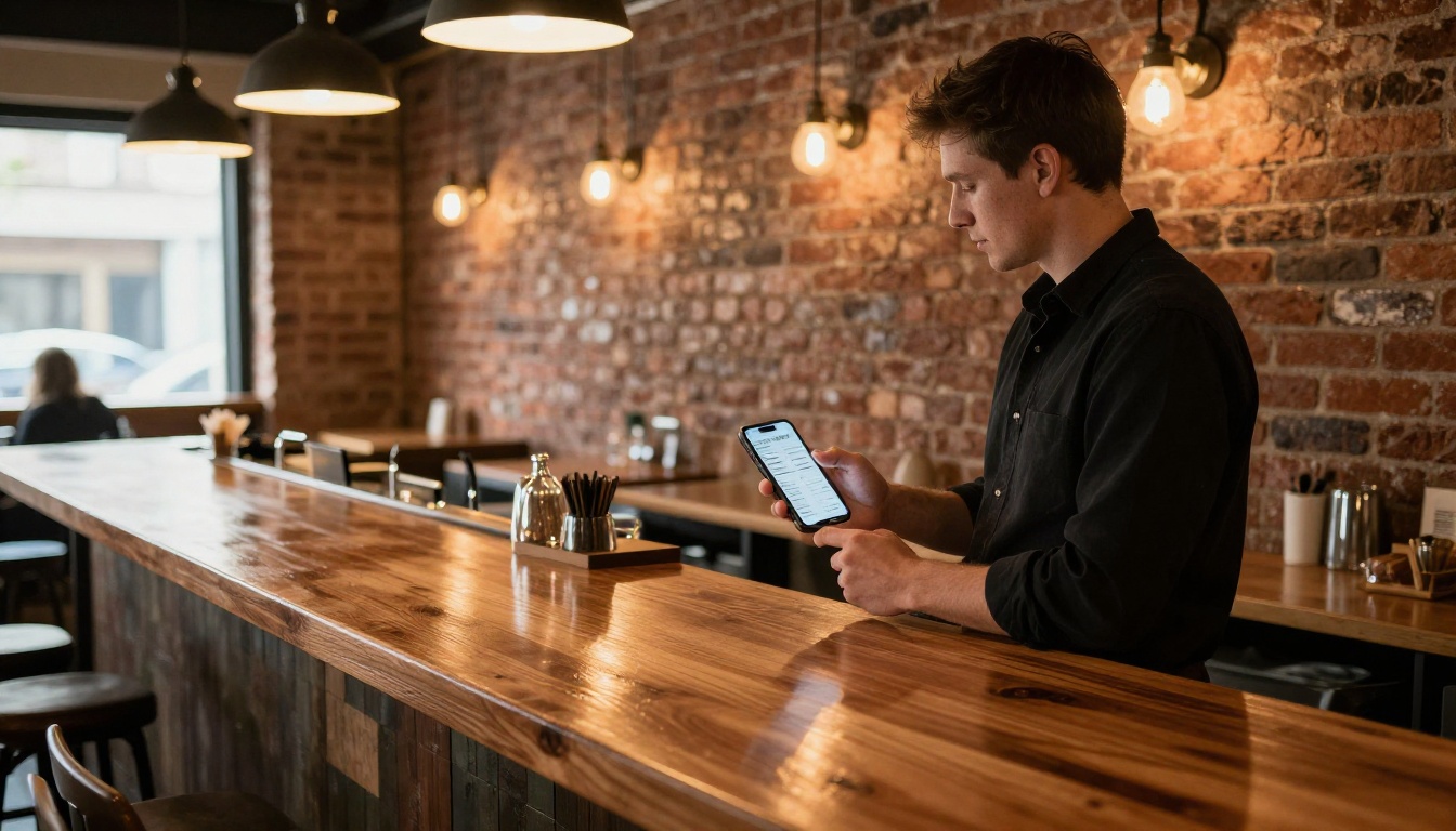 A restaurant owner holding a phone with a digital menu at a wooden counter A restaurant owner holding a phone with a digital menu at a wooden counter
