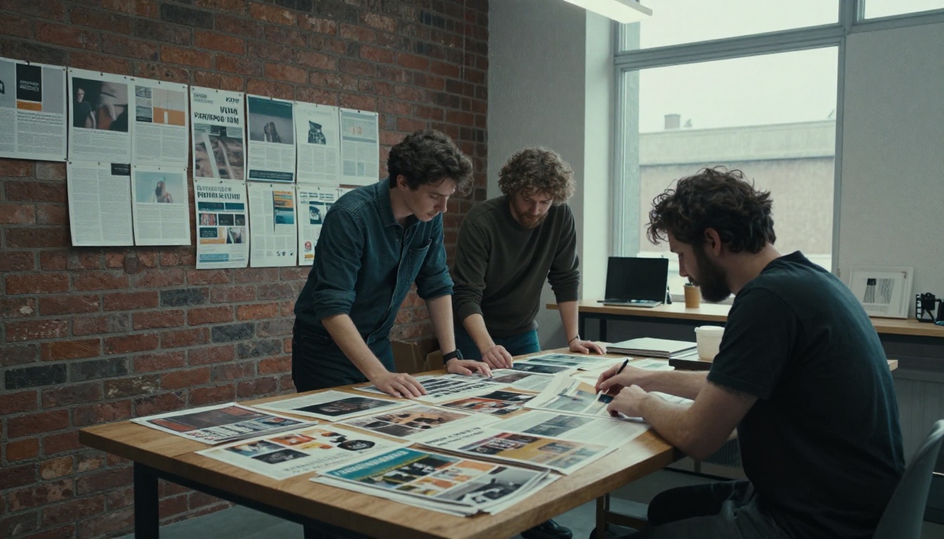 Colleagues reviewing a printed layout in a publisher's studio Colleagues reviewing a printed layout in a publisher's studio