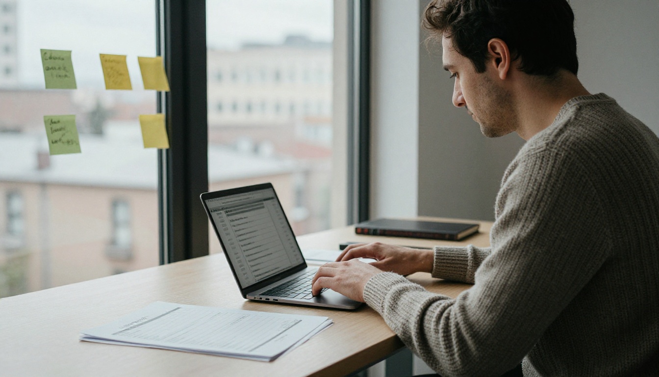 A man working on a laptop at a standing desk with a printed checklist A man working on a laptop at a standing desk with a printed checklist