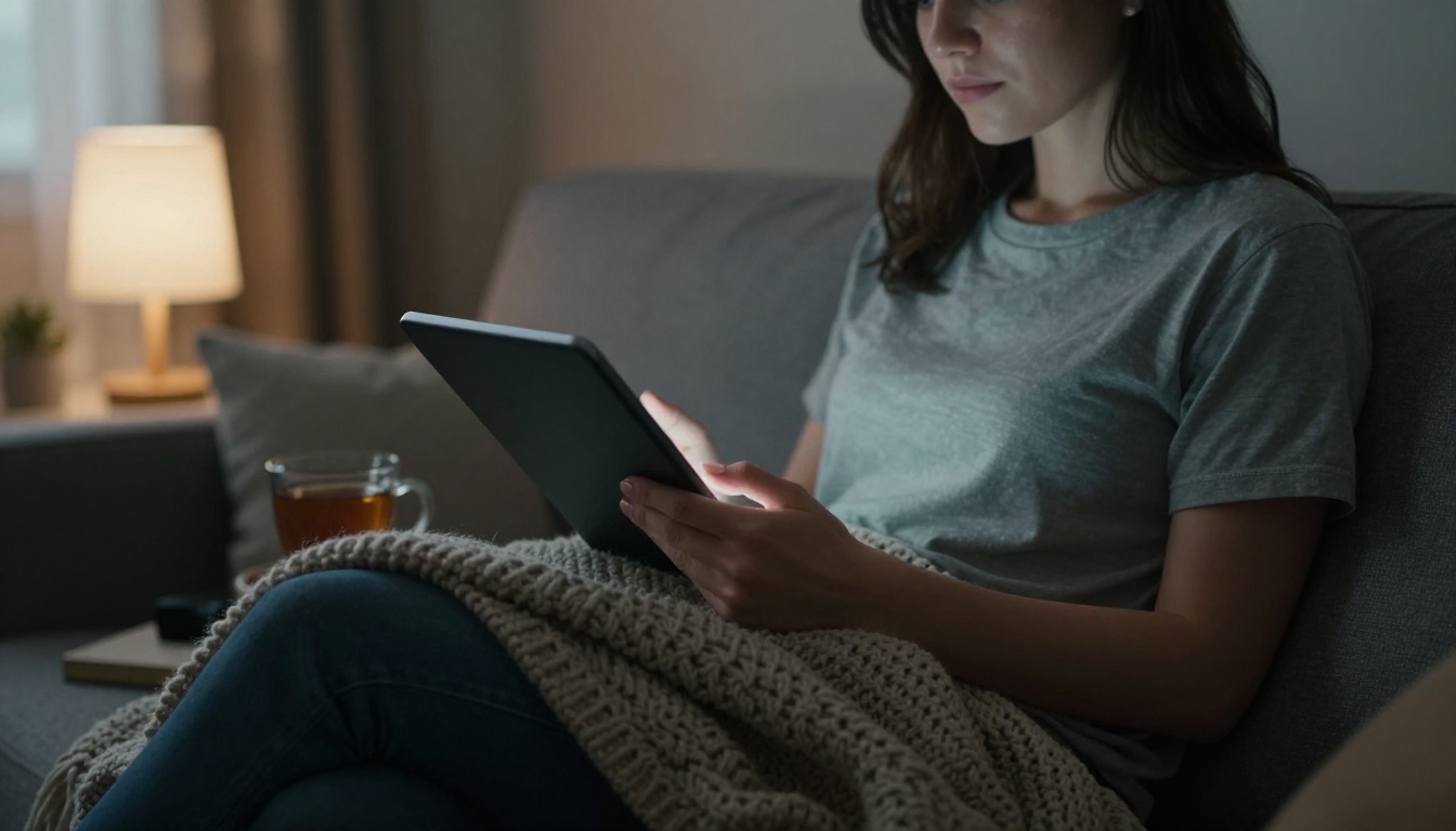 A woman reading an ebook on a tablet on a sofa A woman reading an ebook on a tablet on a sofa
