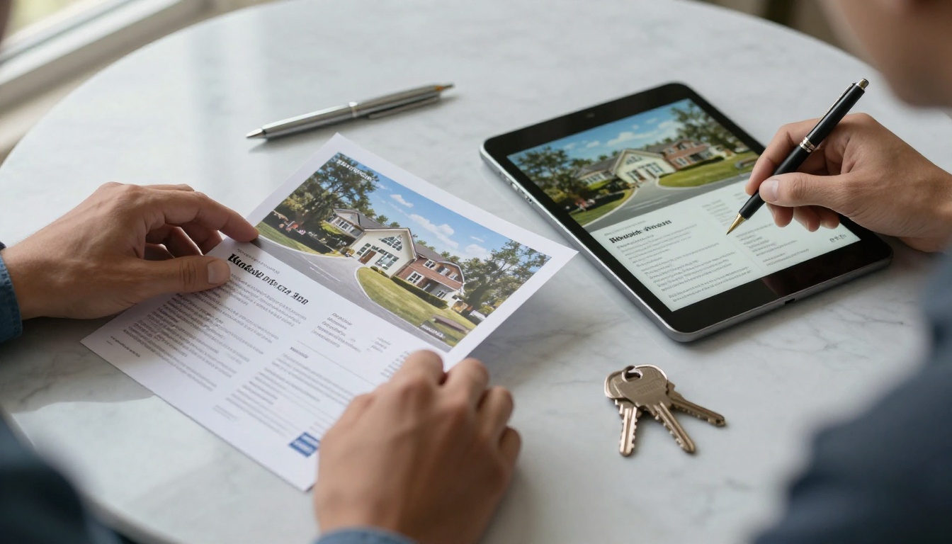 Hands holding a property brochure beside a tablet showing the same brochure Hands holding a property brochure beside a tablet showing the same brochure